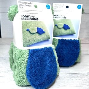 Room Essentials Pillowcase Sleep Mask Set Faux Shearling Green 2 Piece x2 Sets